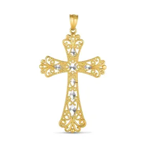 14K Yellow And White Gold Filligre Cross Charm Pendant