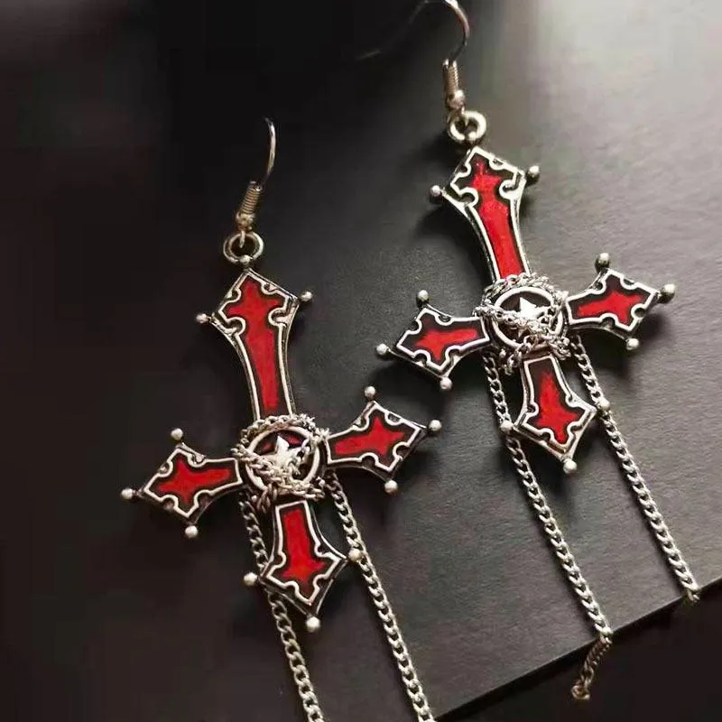 Add a Touch of Gothic Glam to Your Style with Our Bloody Skull Rose Inverted Cross Pendant Earrings