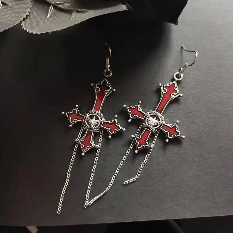 Add a Touch of Gothic Glam to Your Style with Our Bloody Skull Rose Inverted Cross Pendant Earrings