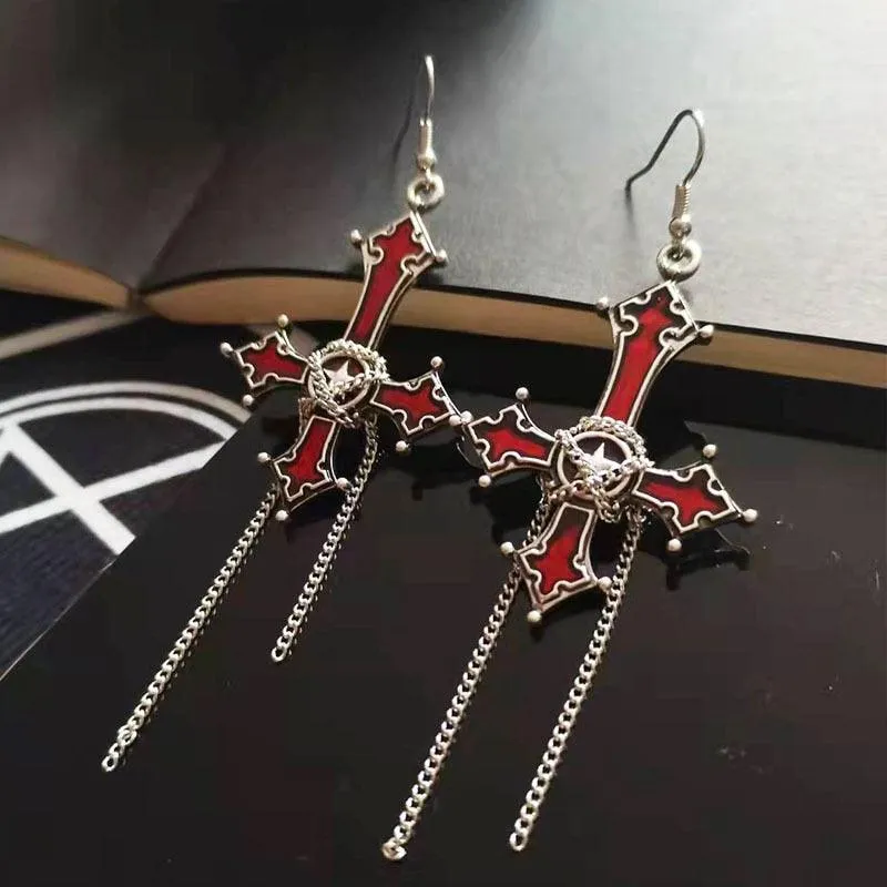 Add a Touch of Gothic Glam to Your Style with Our Bloody Skull Rose Inverted Cross Pendant Earrings