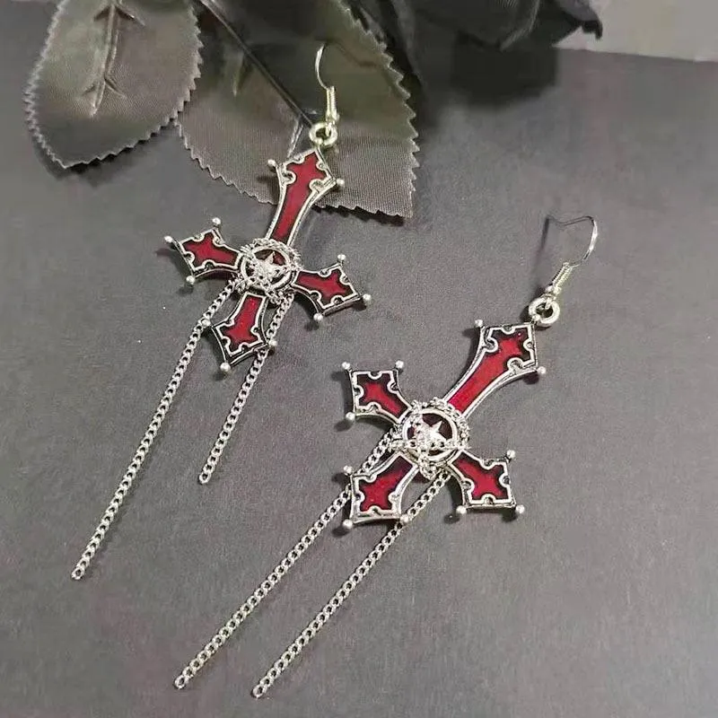 Add a Touch of Gothic Glam to Your Style with Our Bloody Skull Rose Inverted Cross Pendant Earrings