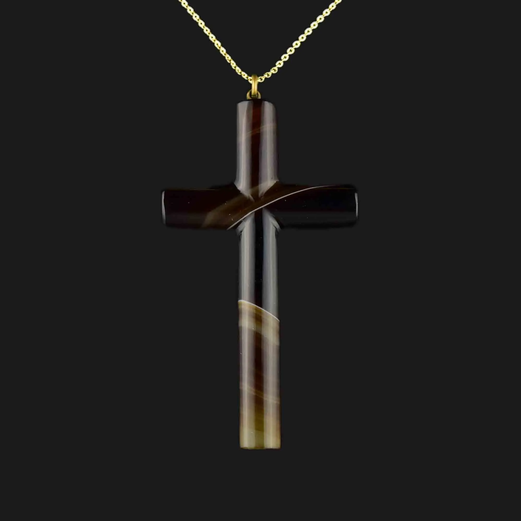 Antique Large Banded Agate Cross Pendant Necklace