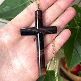 Antique Large Banded Agate Cross Pendant Necklace