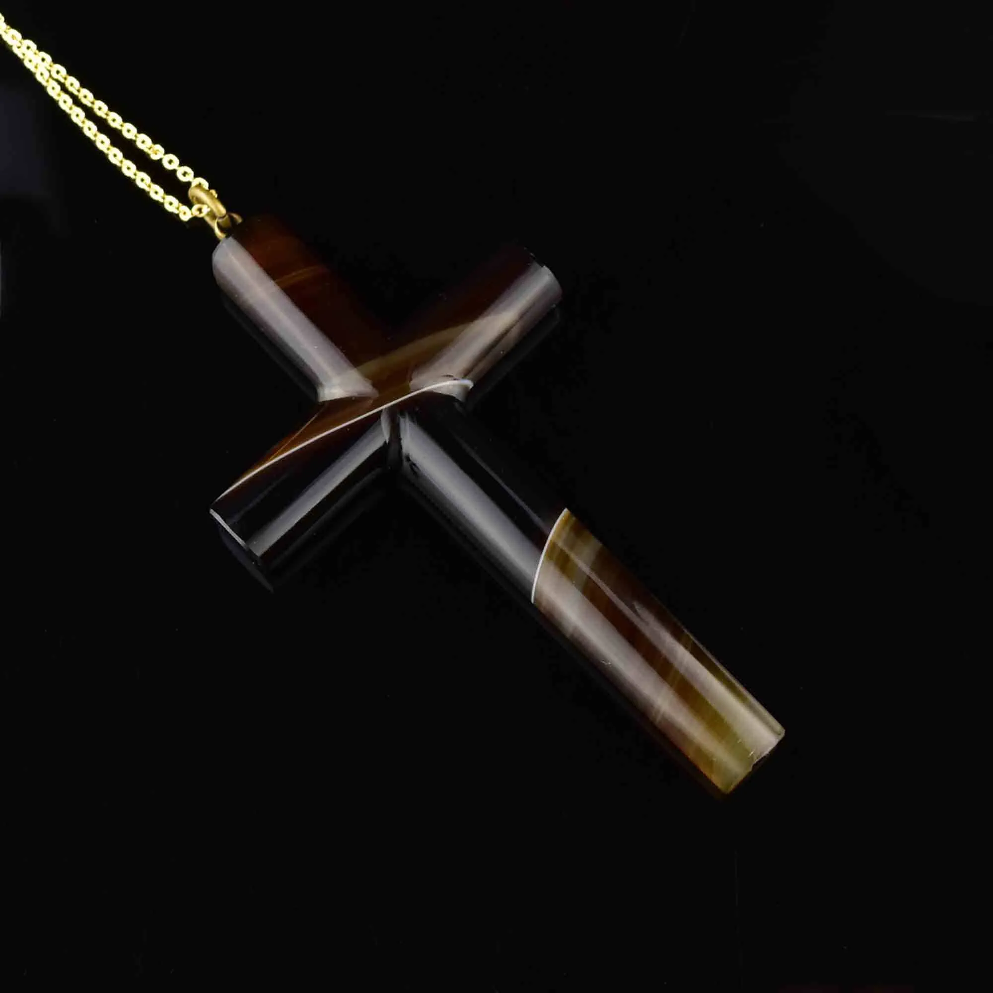 Antique Large Banded Agate Cross Pendant Necklace