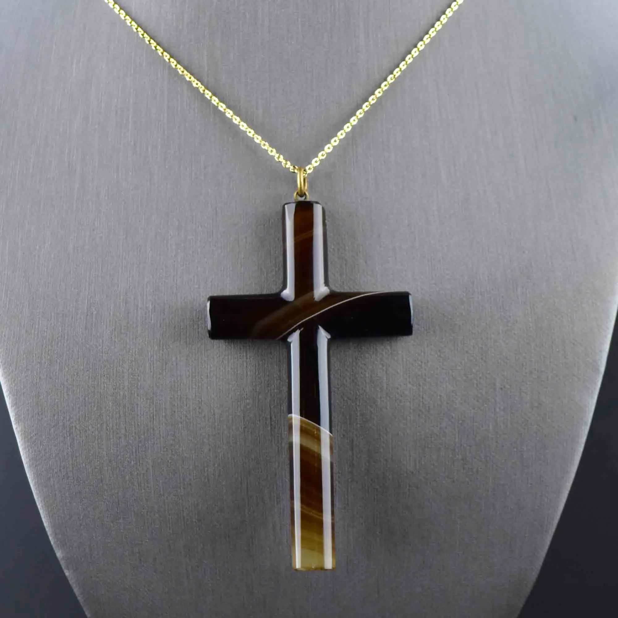 Antique Large Banded Agate Cross Pendant Necklace