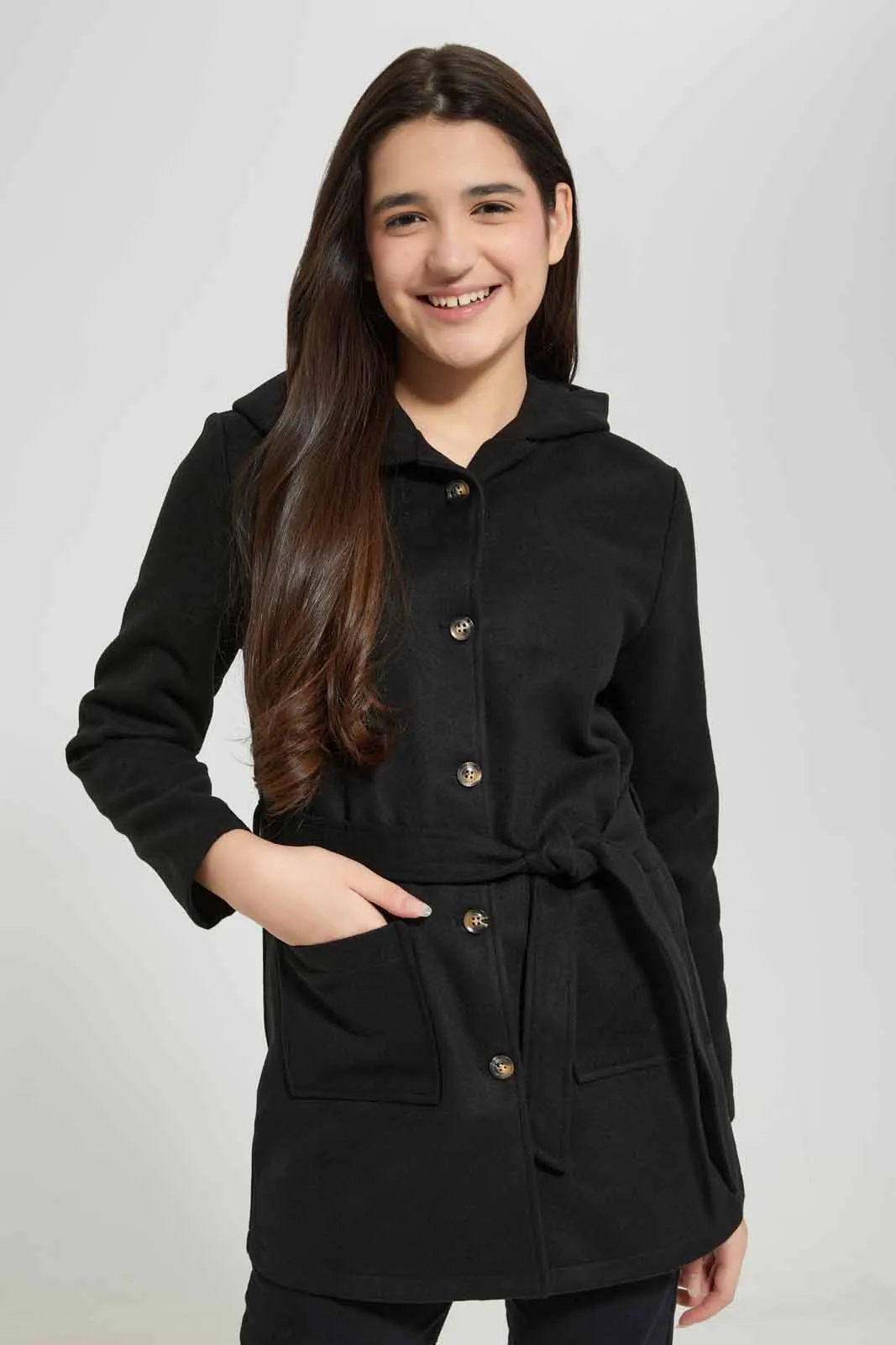 Black Hoody Wrap Coat For Senior Girls