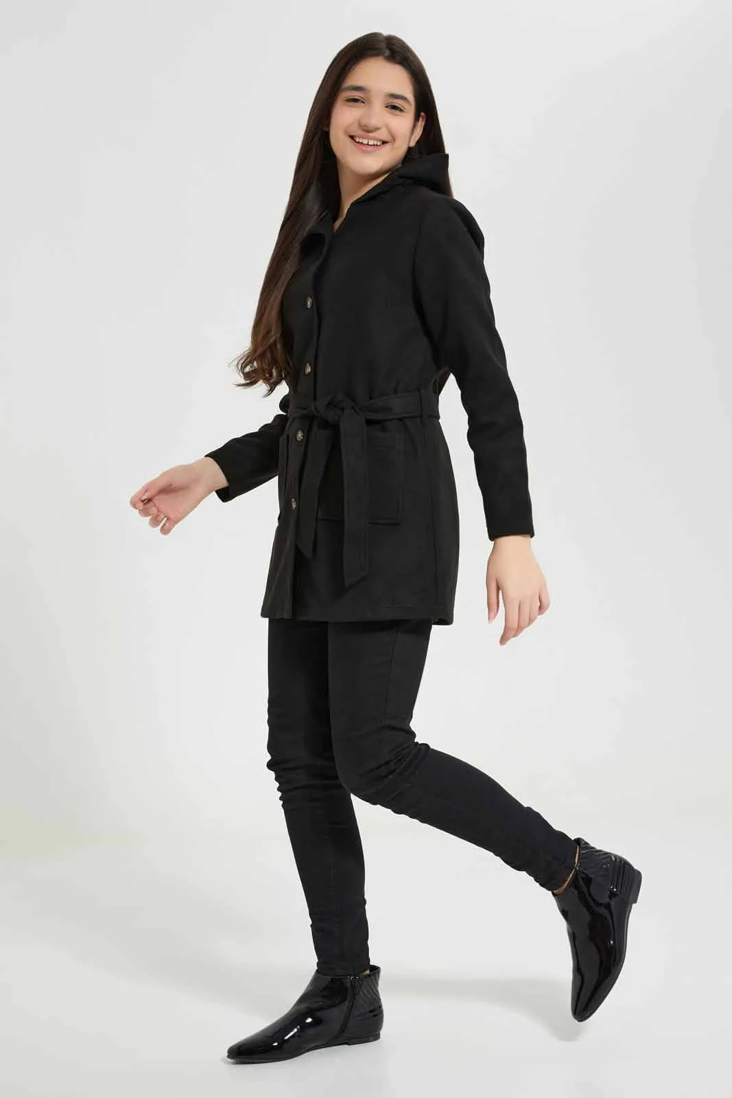 Black Hoody Wrap Coat For Senior Girls