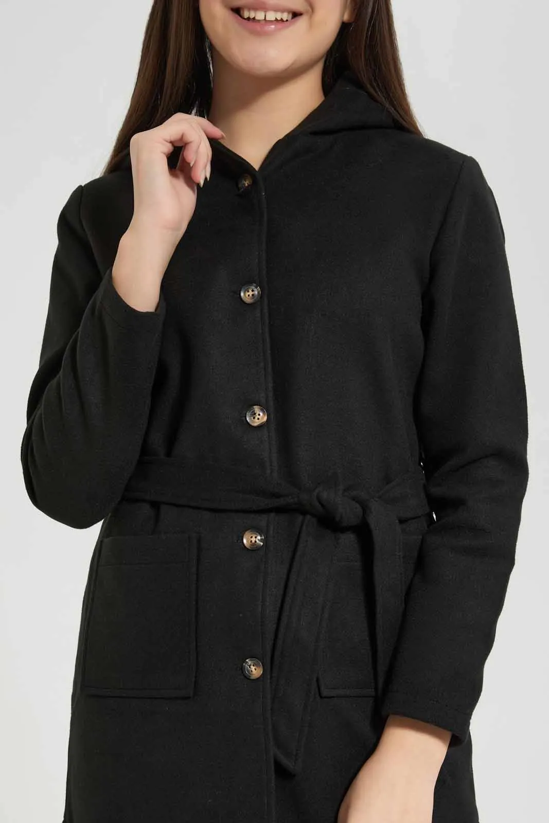 Black Hoody Wrap Coat For Senior Girls