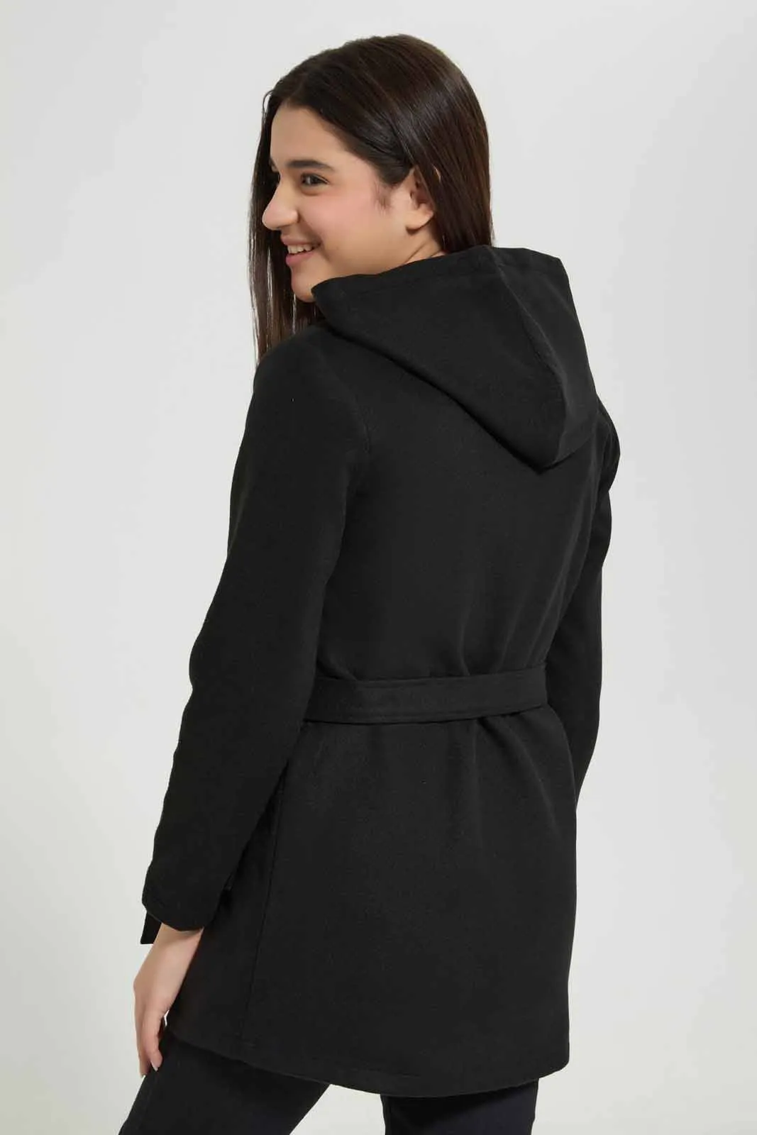 Black Hoody Wrap Coat For Senior Girls