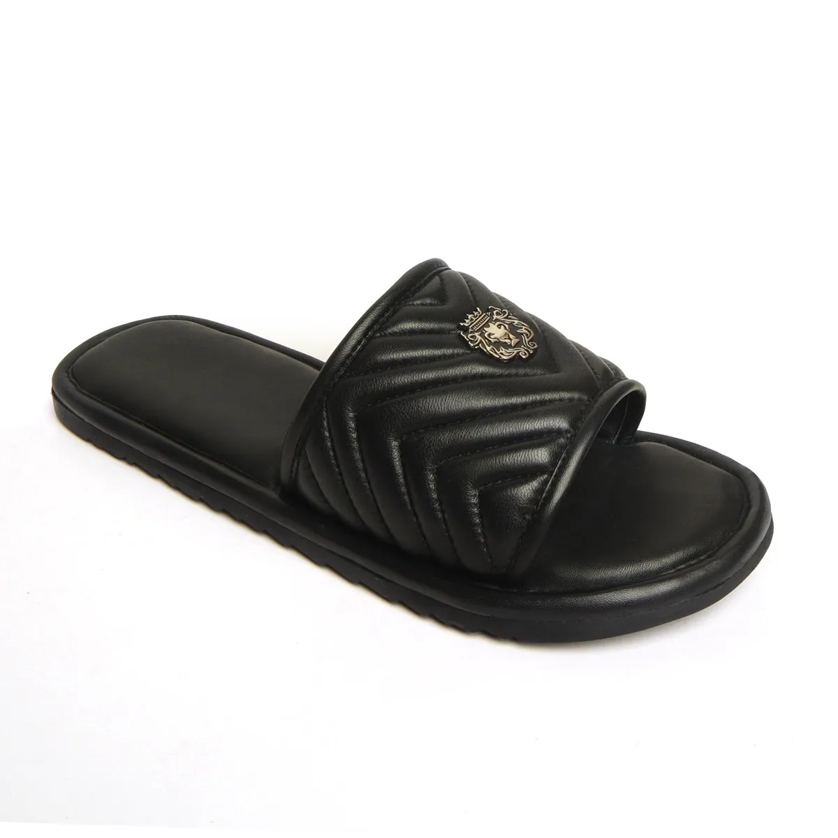 Black Leather Zig-Zag Strap Comfy Slide-in Slippers By Brune & Bareskin