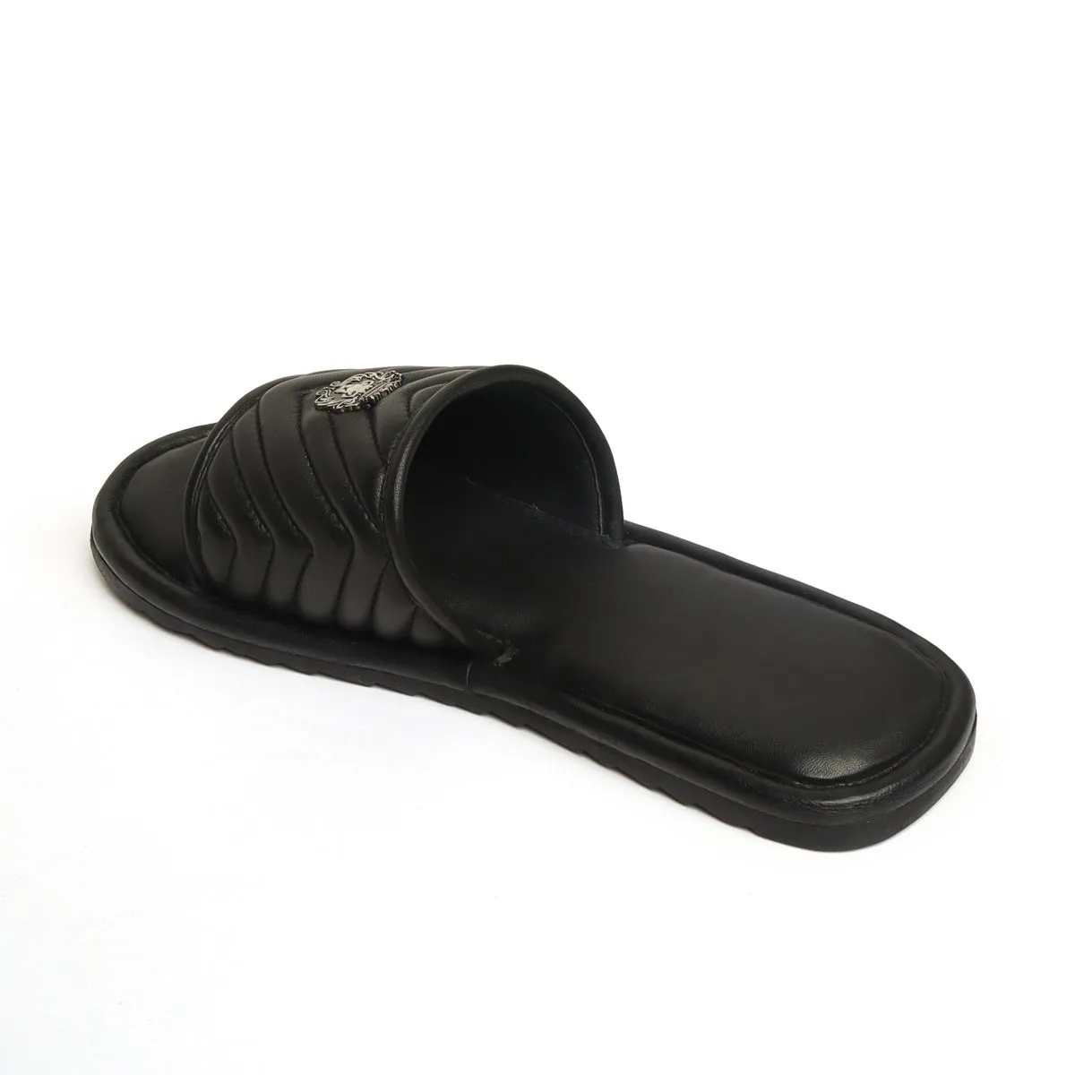 Black Leather Zig-Zag Strap Comfy Slide-in Slippers By Brune & Bareskin