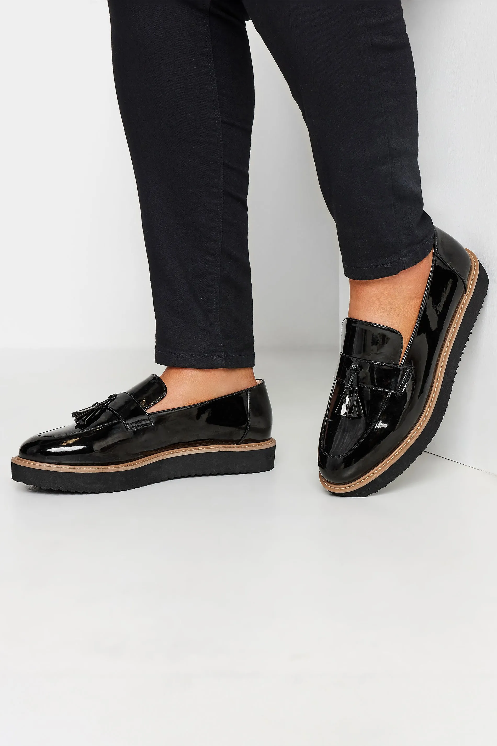 Black Patent Tassel Loafers In Extra Wide EEE Fit