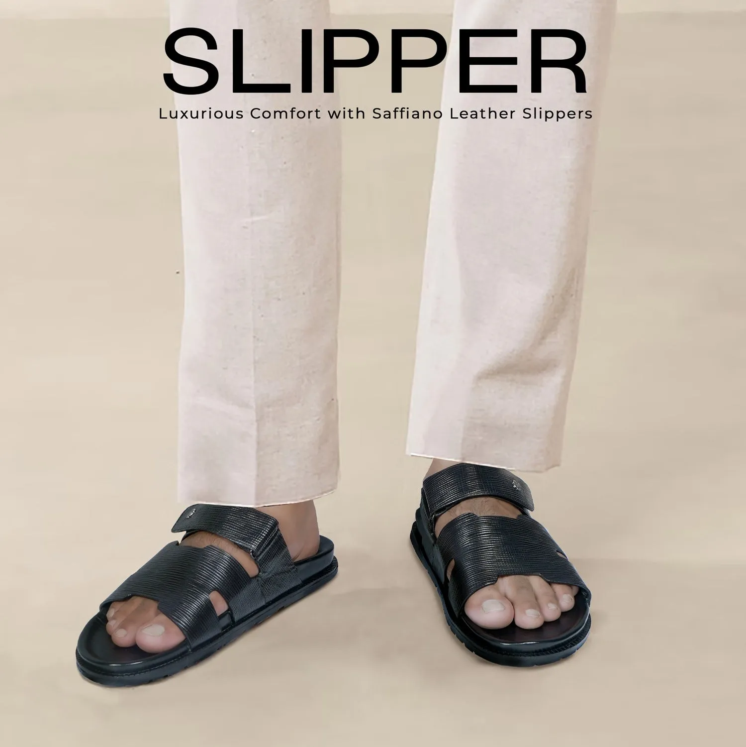 Black Summer Slippers/Sandal in Saffiano Leather