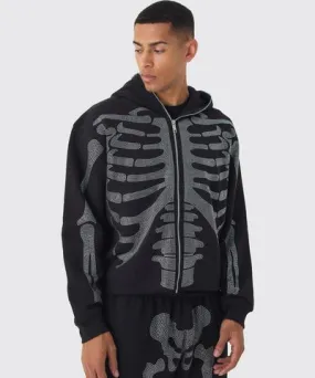 boohoo Mens Oversized Boxy Diamante Skeleton Zip Through Hoodie