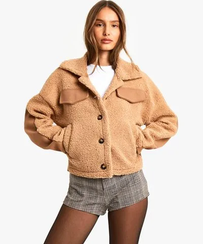 boohoo Womens Teddy Detail Wool Look Jacket