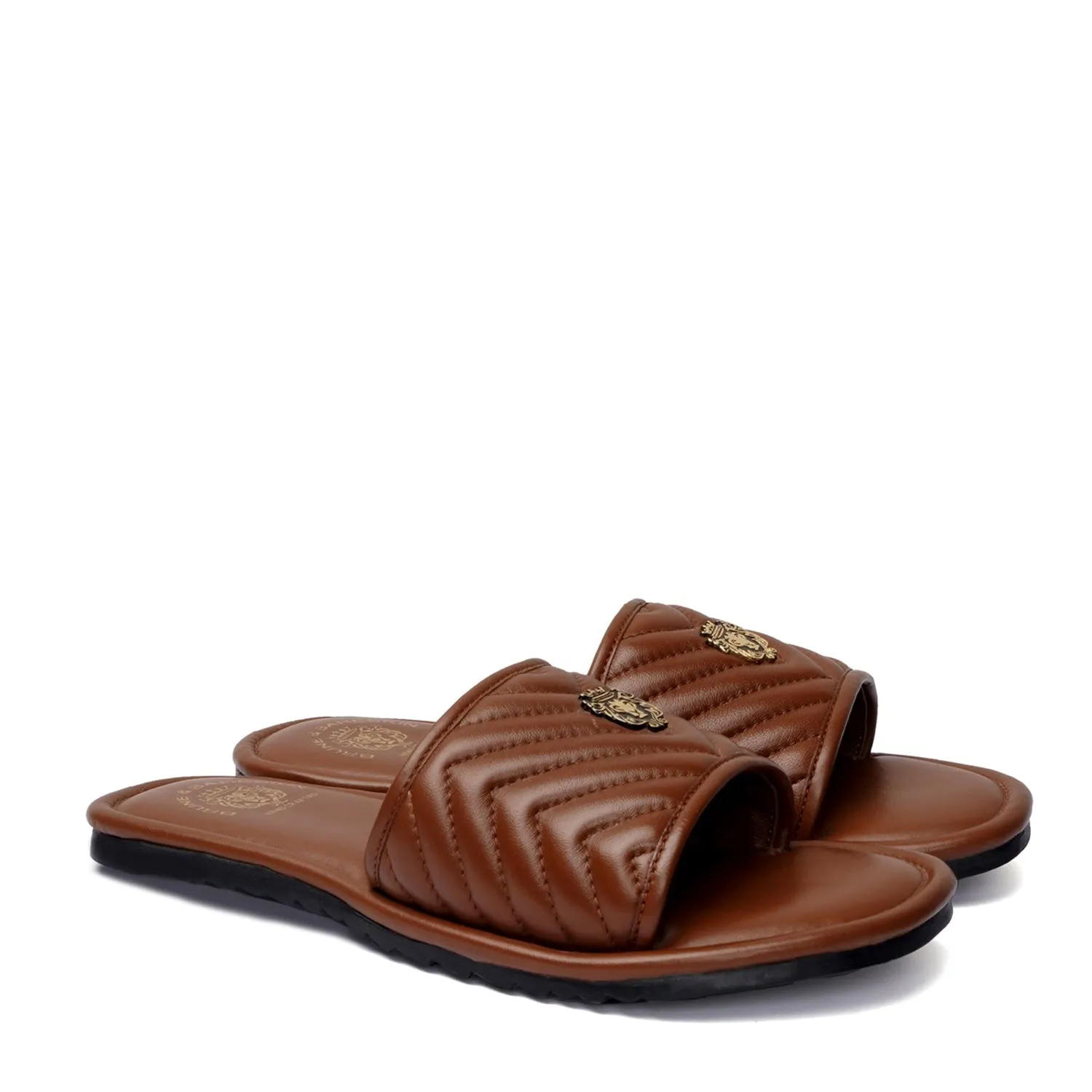 Brown Leather Zig-Zag Strap Comfy Slide-in Slippers By Brune & Bareskin