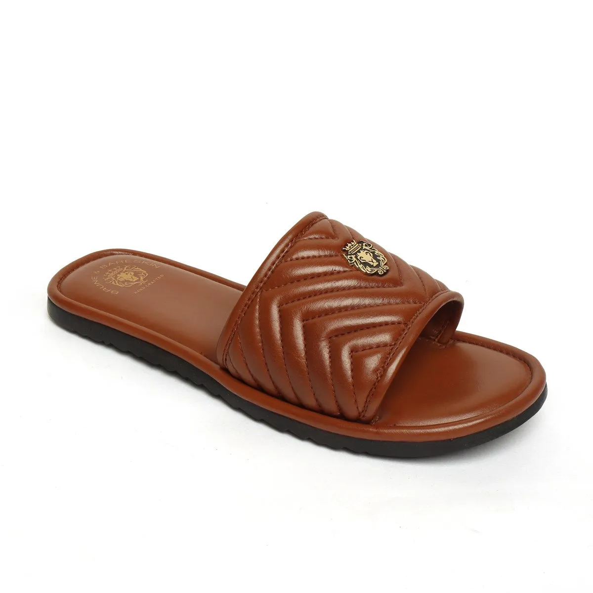 Brown Leather Zig-Zag Strap Comfy Slide-in Slippers By Brune & Bareskin