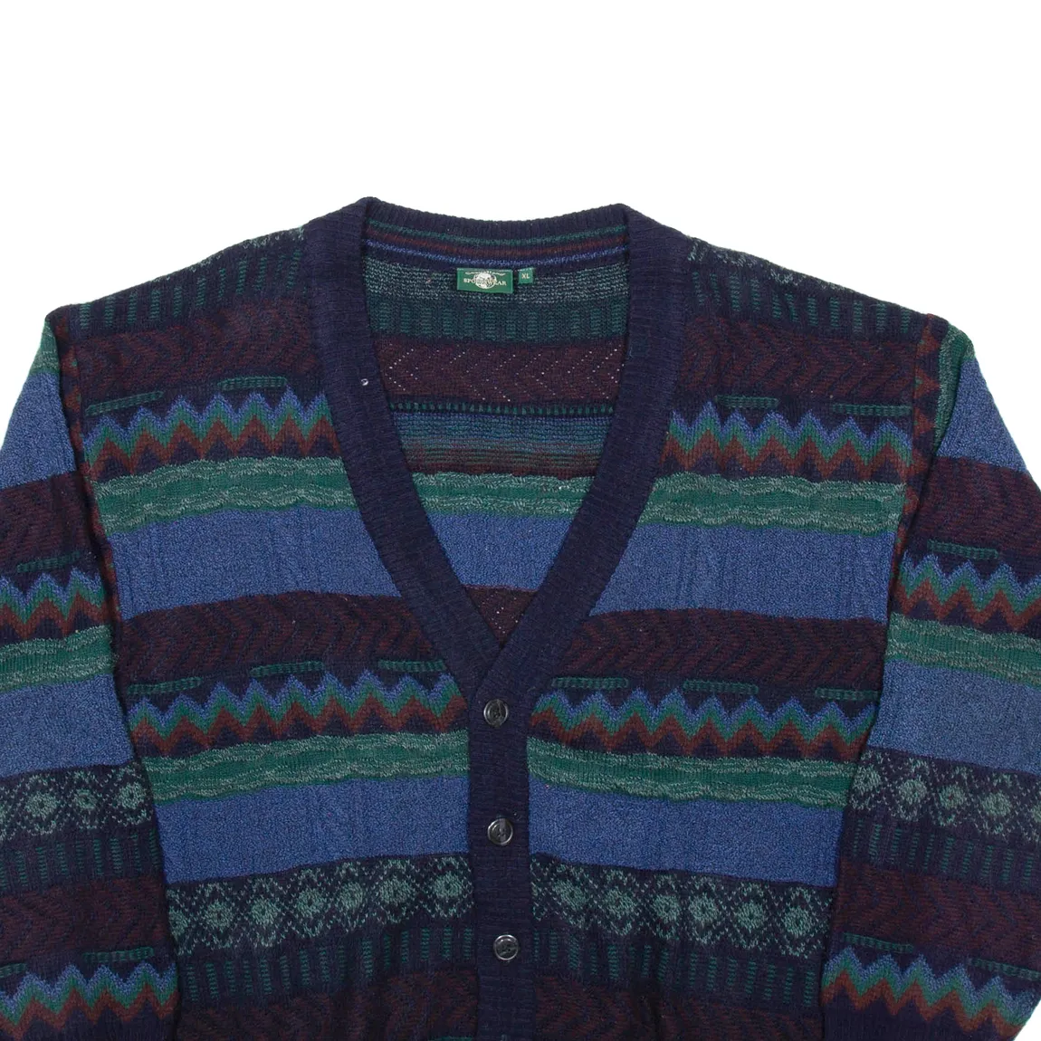 CASUALLAND Mens Patterned Cardigan Blue Fair Isle V-Neck Chunky Knit XL