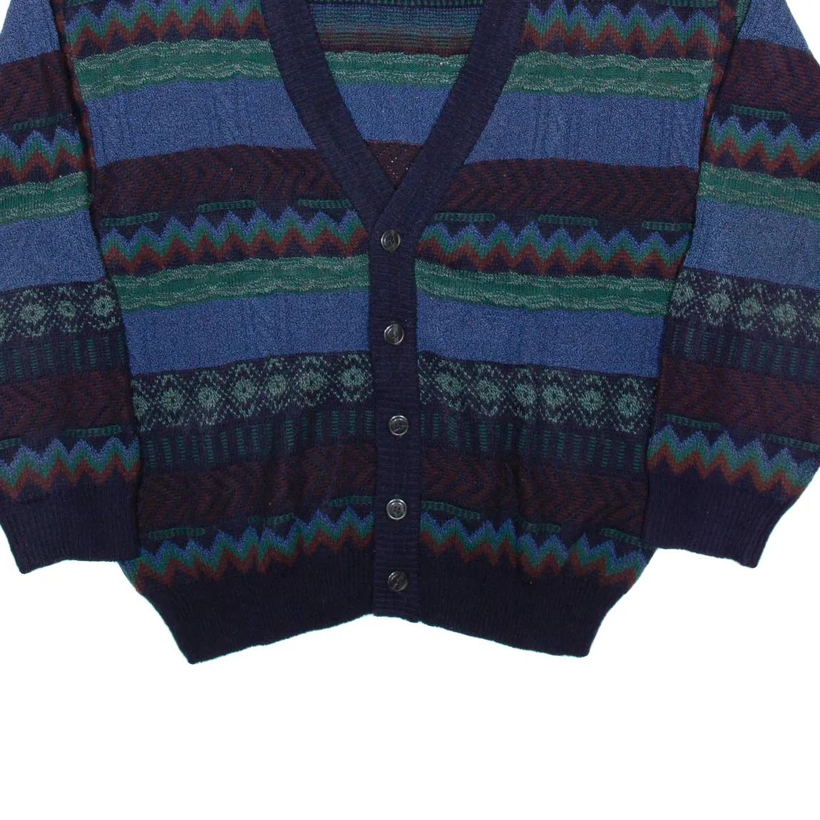 CASUALLAND Mens Patterned Cardigan Blue Fair Isle V-Neck Chunky Knit XL