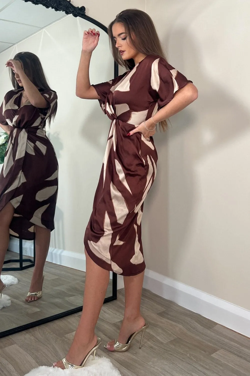 Chelsea Wrap Detailing Midi Dress Brown