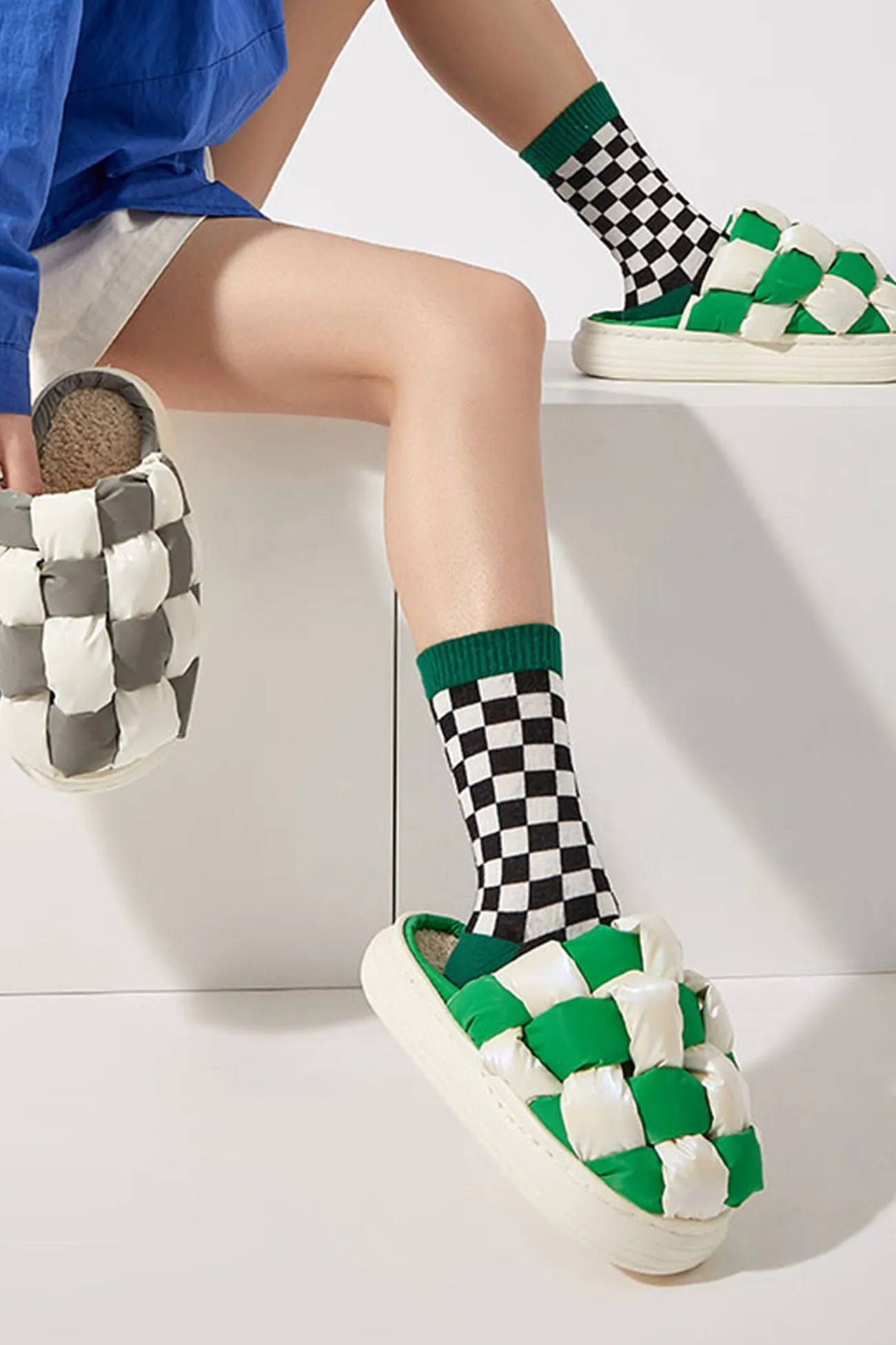 Contrast Checkerboard Plush Platform Slippers