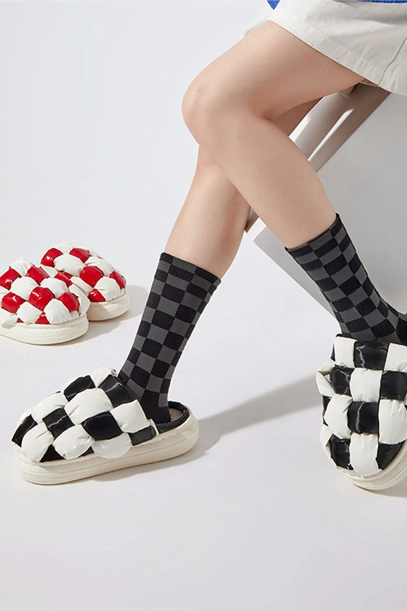 Contrast Checkerboard Plush Platform Slippers