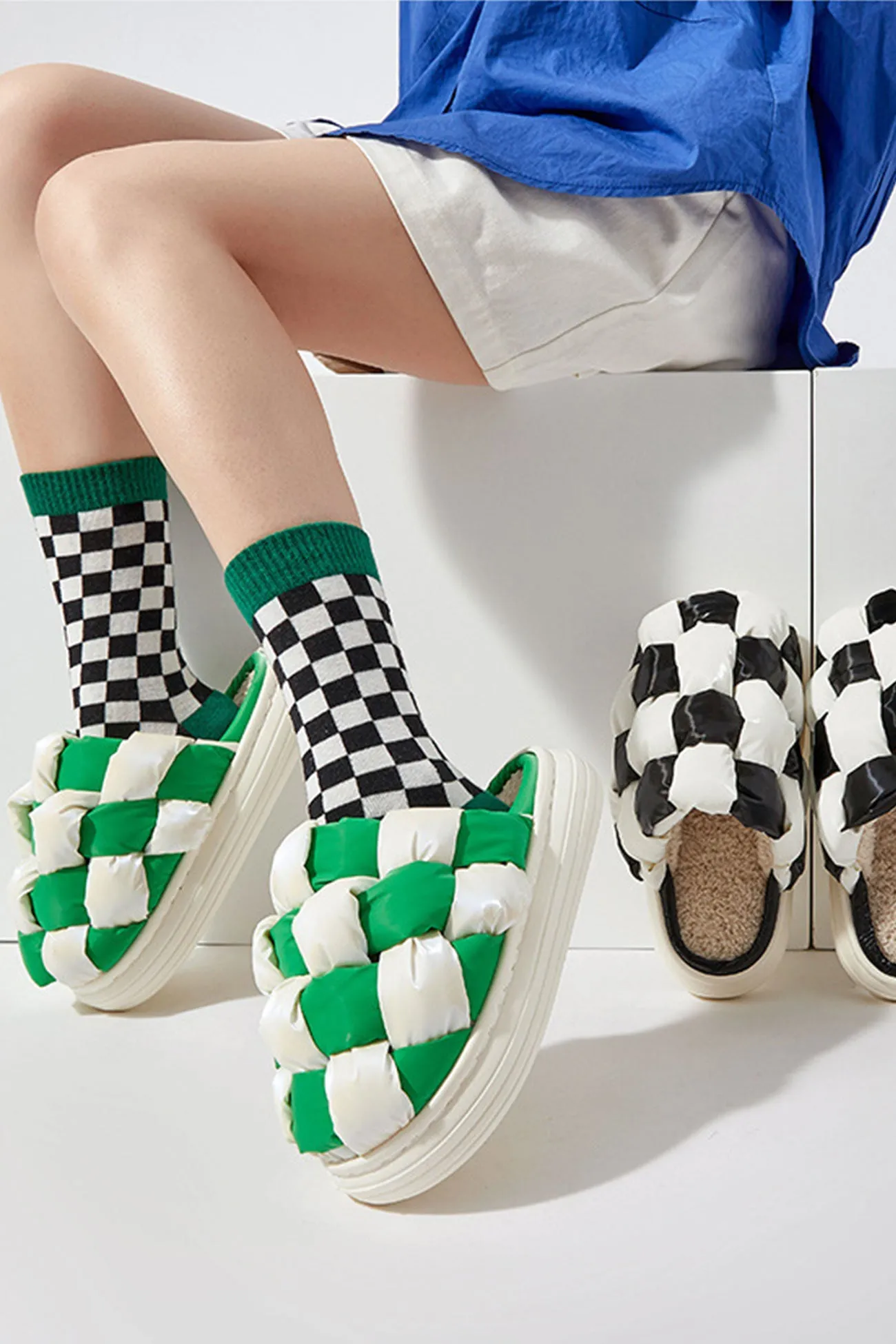 Contrast Checkerboard Plush Platform Slippers