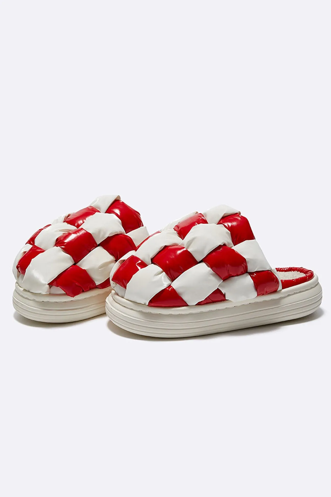 Contrast Checkerboard Plush Platform Slippers