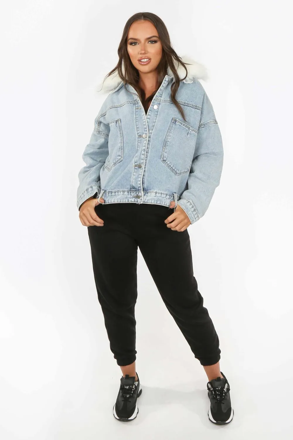 Denim Blue White Fur Trim Lace Back Jackets