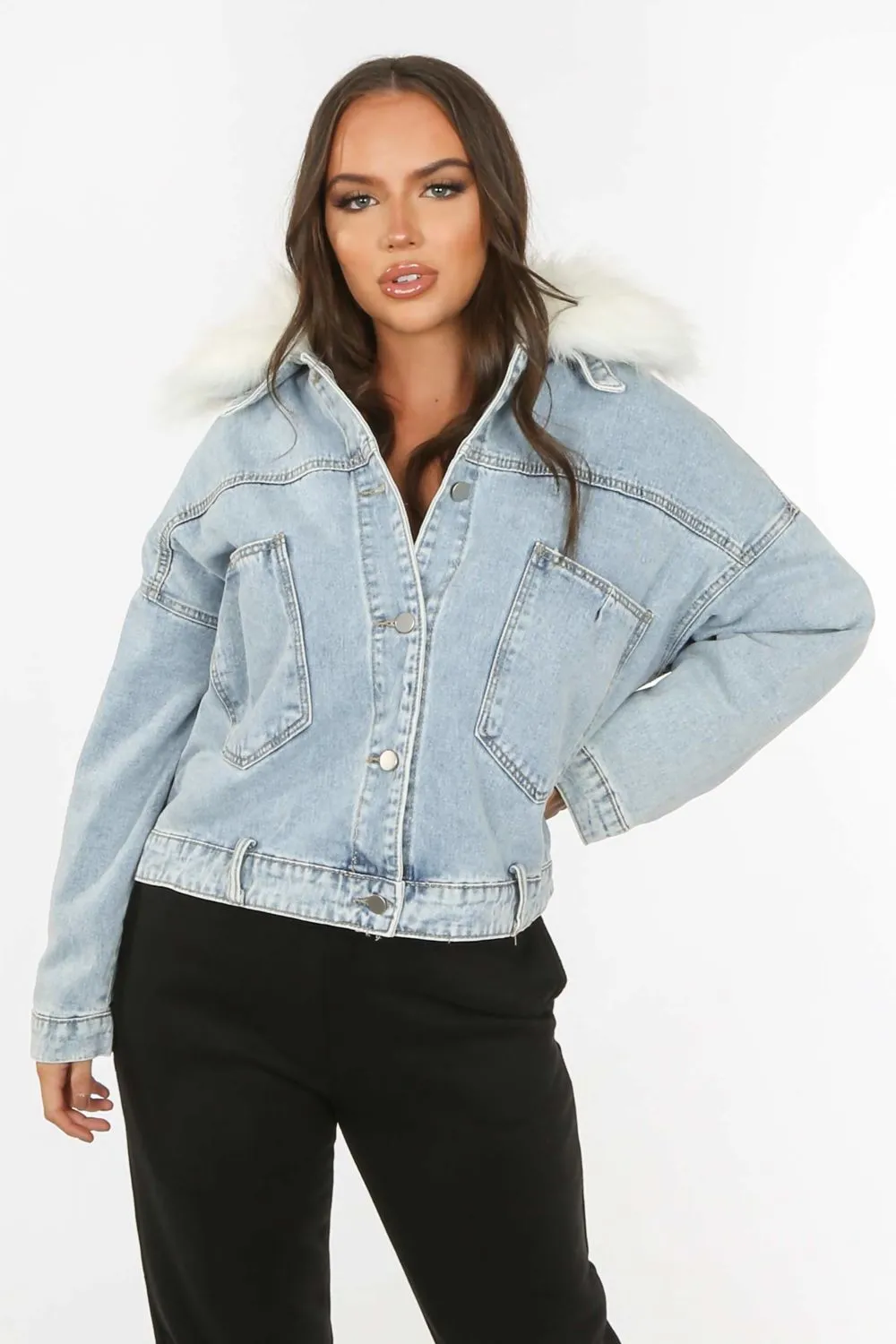 Denim Blue White Fur Trim Lace Back Jackets