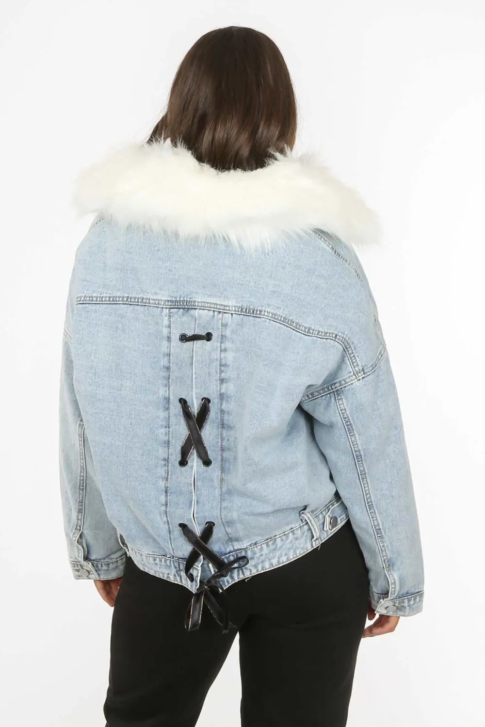 Denim Blue White Fur Trim Lace Back Jackets