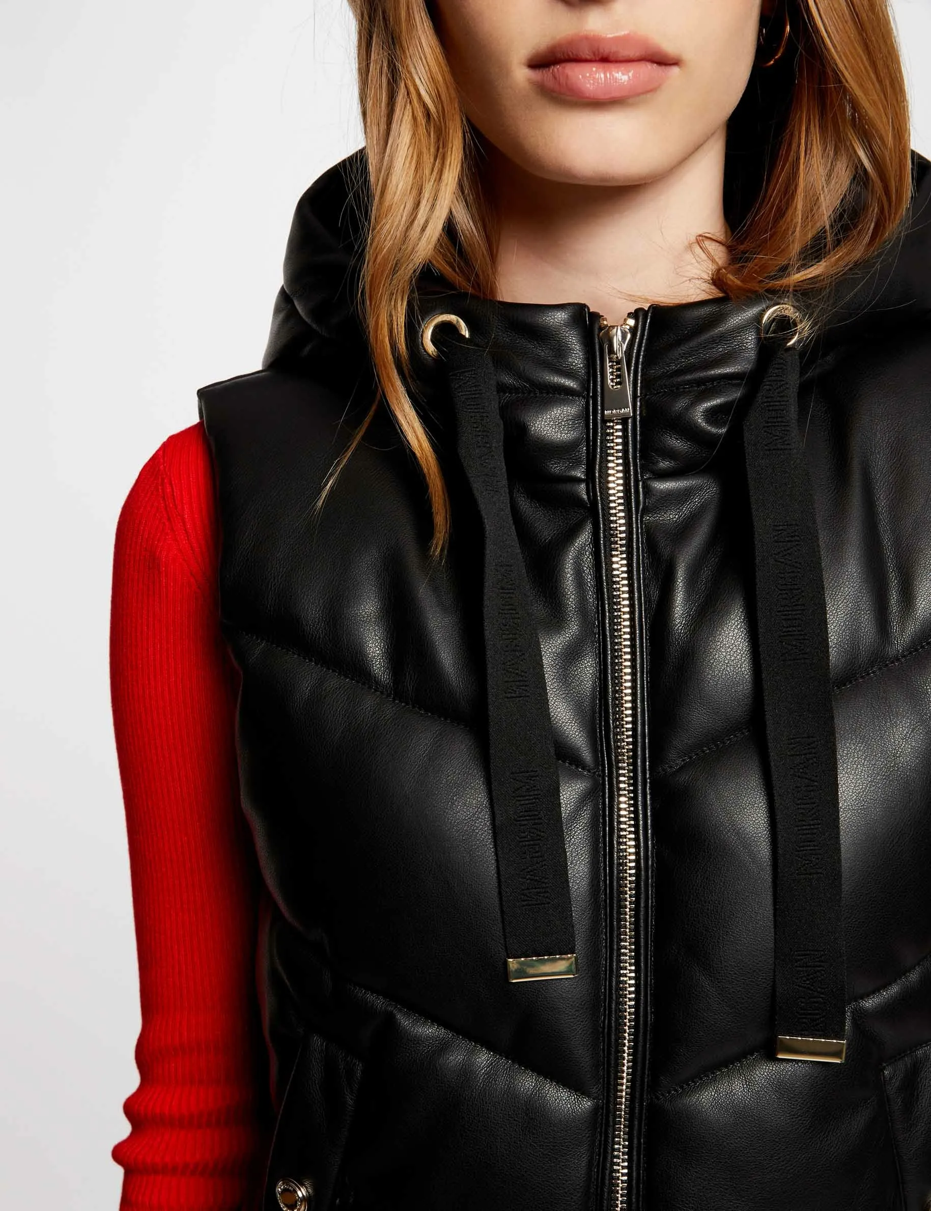 Faux leather padded jacket with hood black women