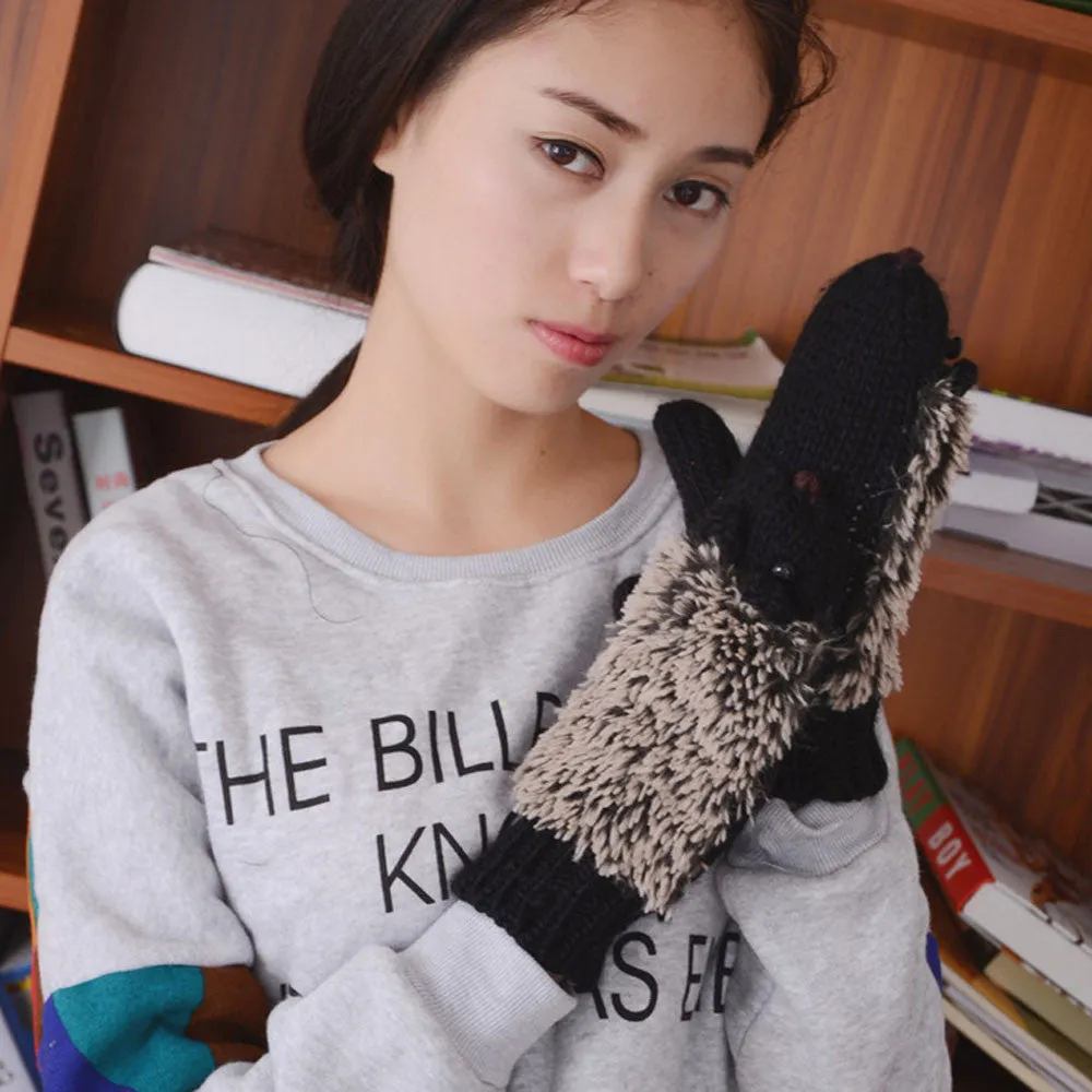 Feida Gloves Women Cute Mittens Cartoon Knitted Hedgehog Glove handschoenen