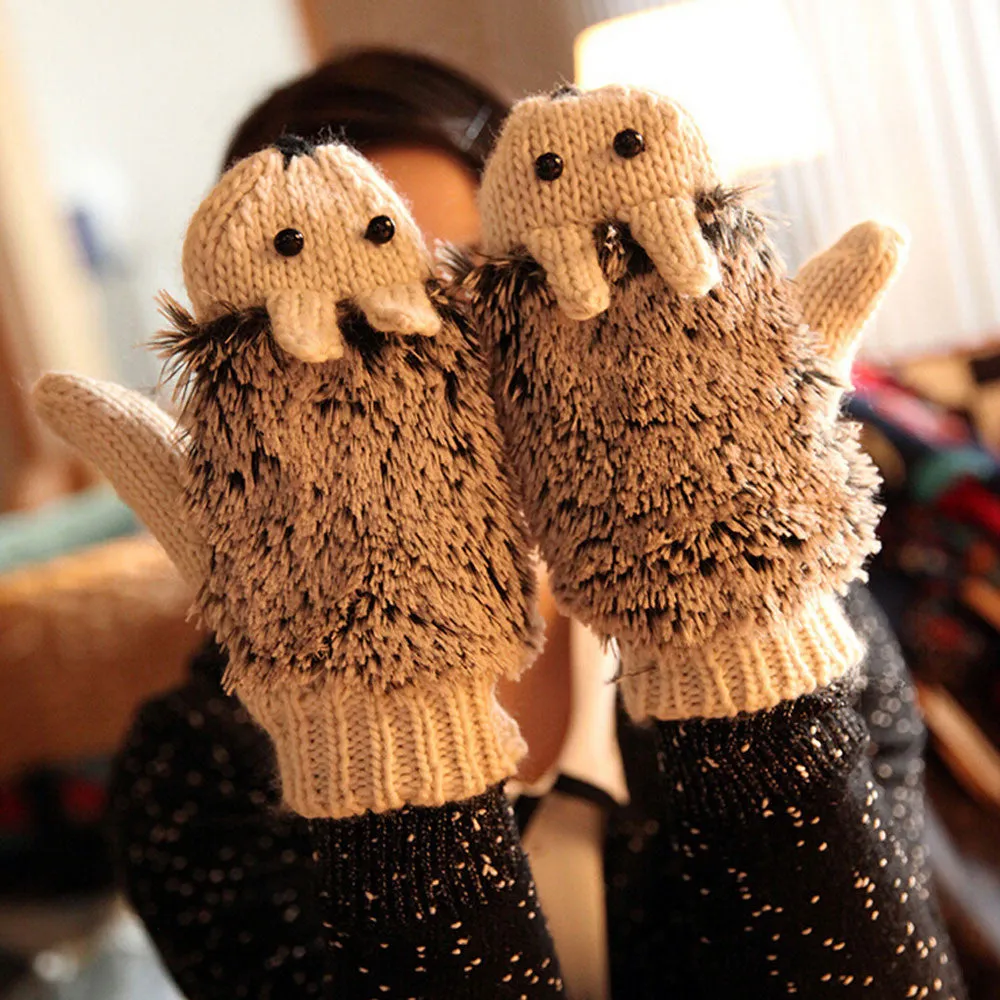 Feida Gloves Women Cute Mittens Cartoon Knitted Hedgehog Glove handschoenen