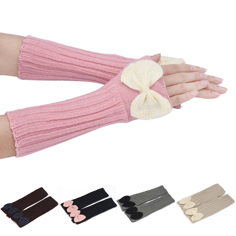 Feida Women's gloves Warm Bowknot Knitting Half Fingerless Gloves Bayan Eldiven