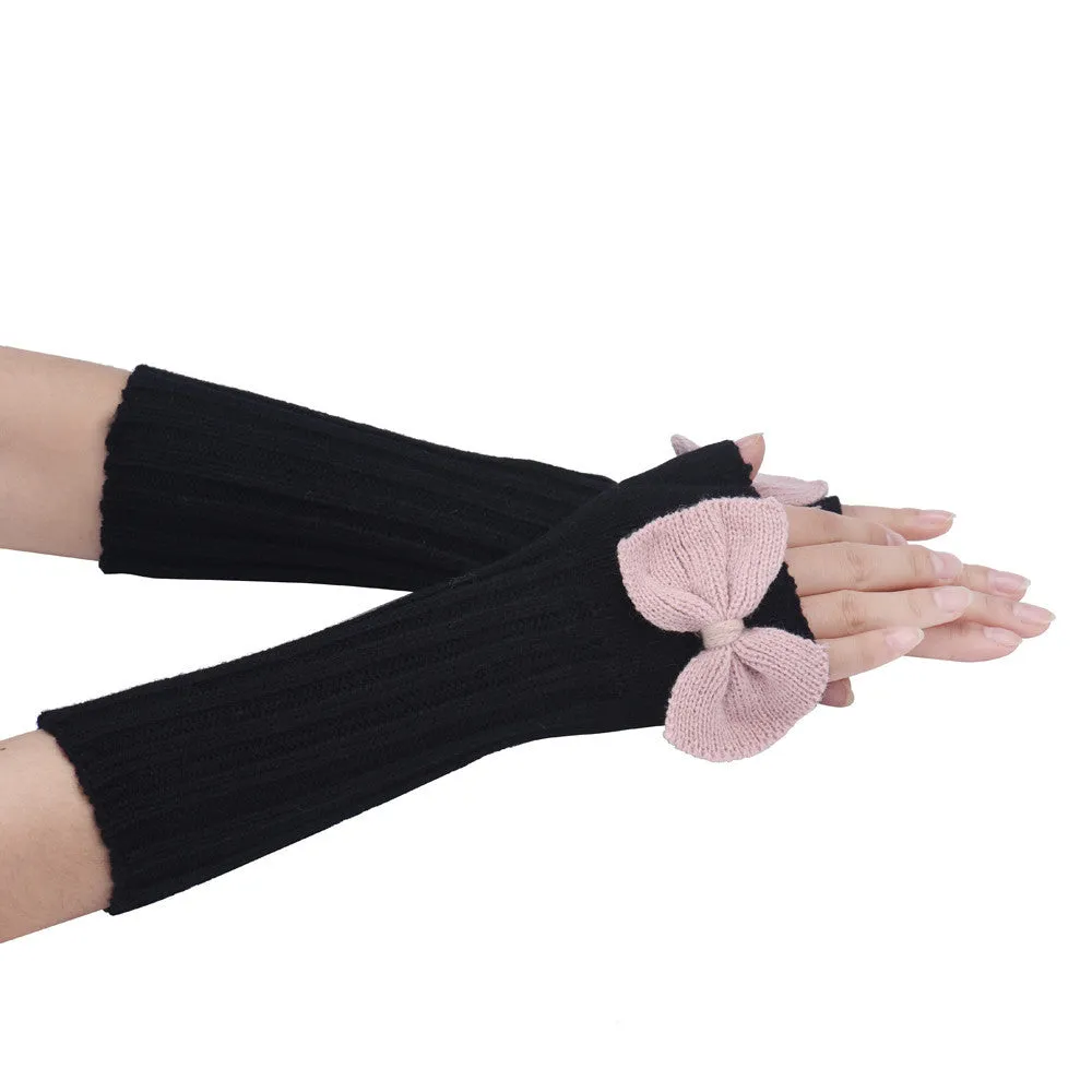 Feida Women's gloves Warm Bowknot Knitting Half Fingerless Gloves Bayan Eldiven