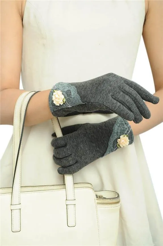 Feida Womens Gloves Warm Wrist Gloves For Ladies Screen Mittens Lace Leather Cotton Gloves