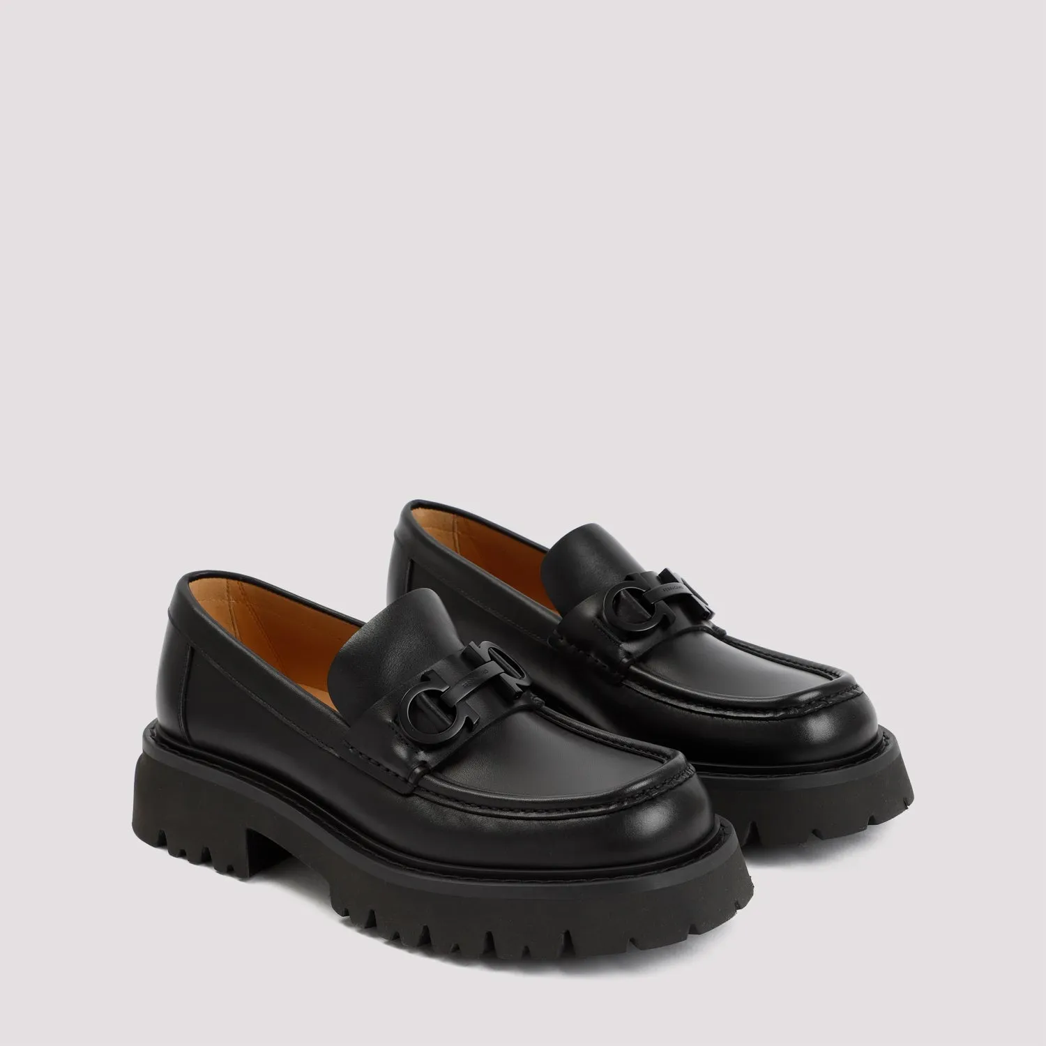 FERRAGAMO Black Leather Loafers with Platform Sole for Men