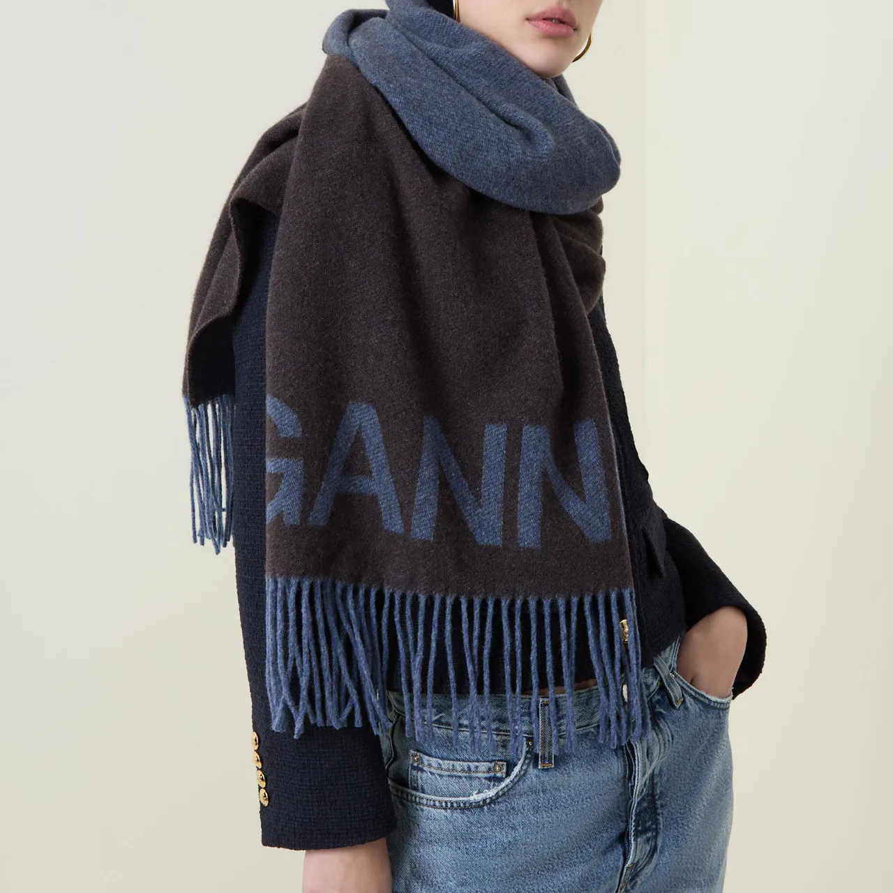 GANNI The Sustainable Edit Two-Tone Logo Scarf - Shaved Chocolate