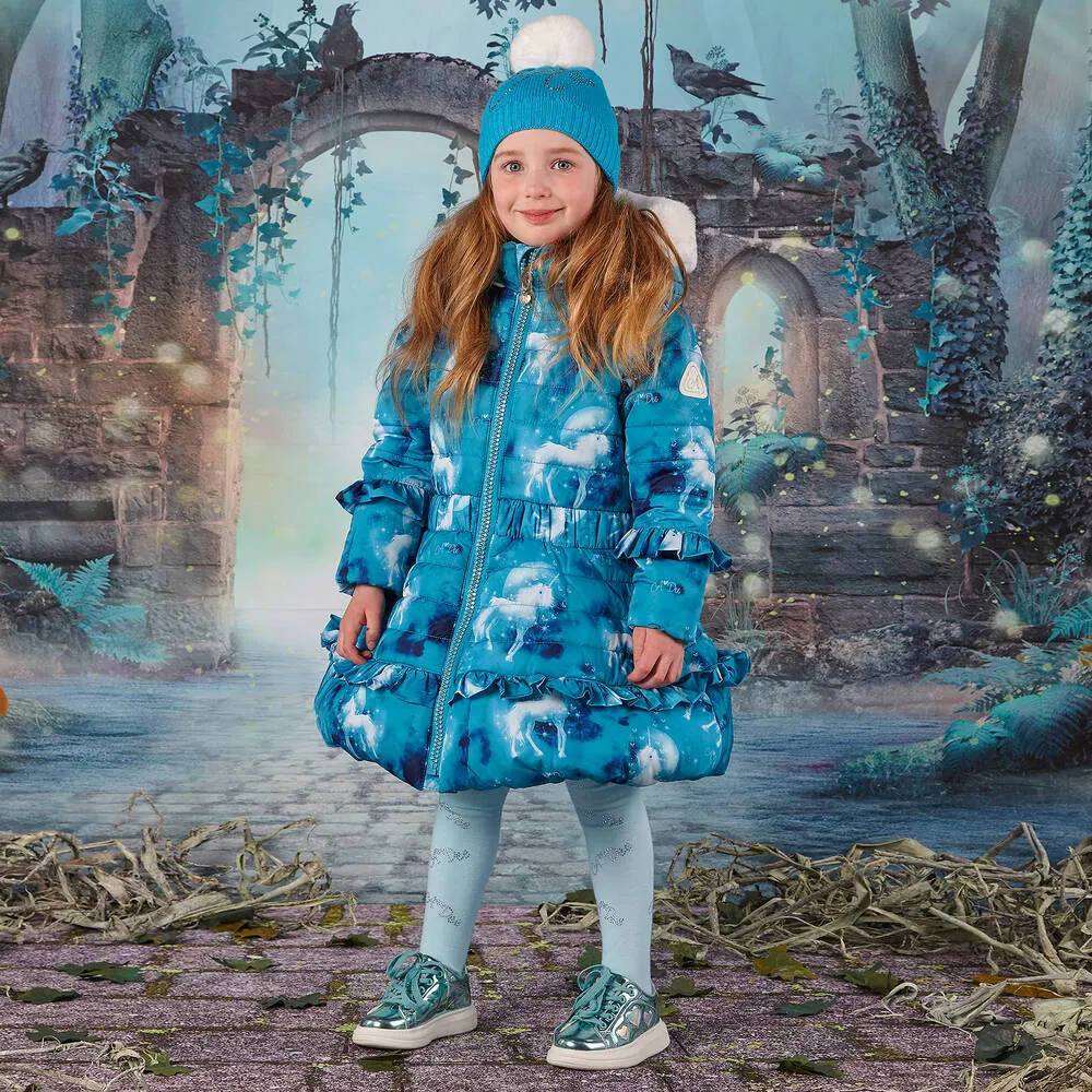 Girls Blue Unicorn Puffer Coat