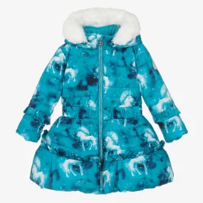 Girls Blue Unicorn Puffer Coat