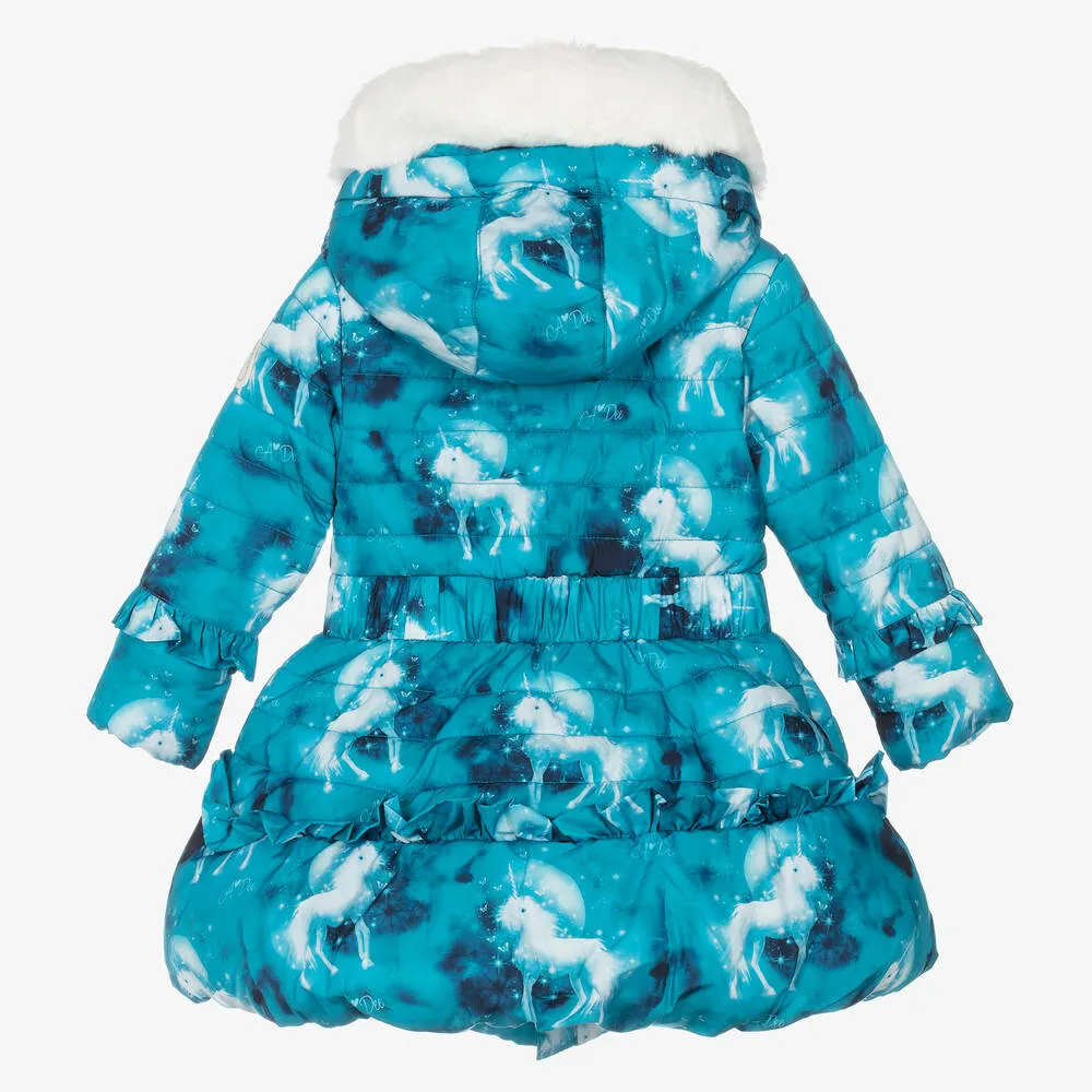 Girls Blue Unicorn Puffer Coat