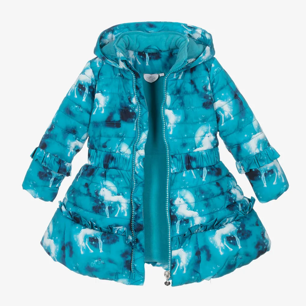 Girls Blue Unicorn Puffer Coat