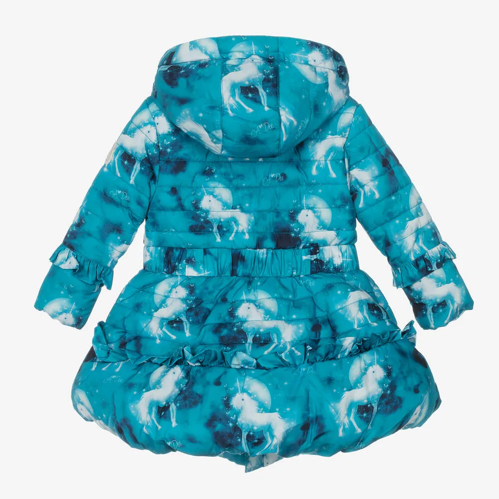 Girls Blue Unicorn Puffer Coat