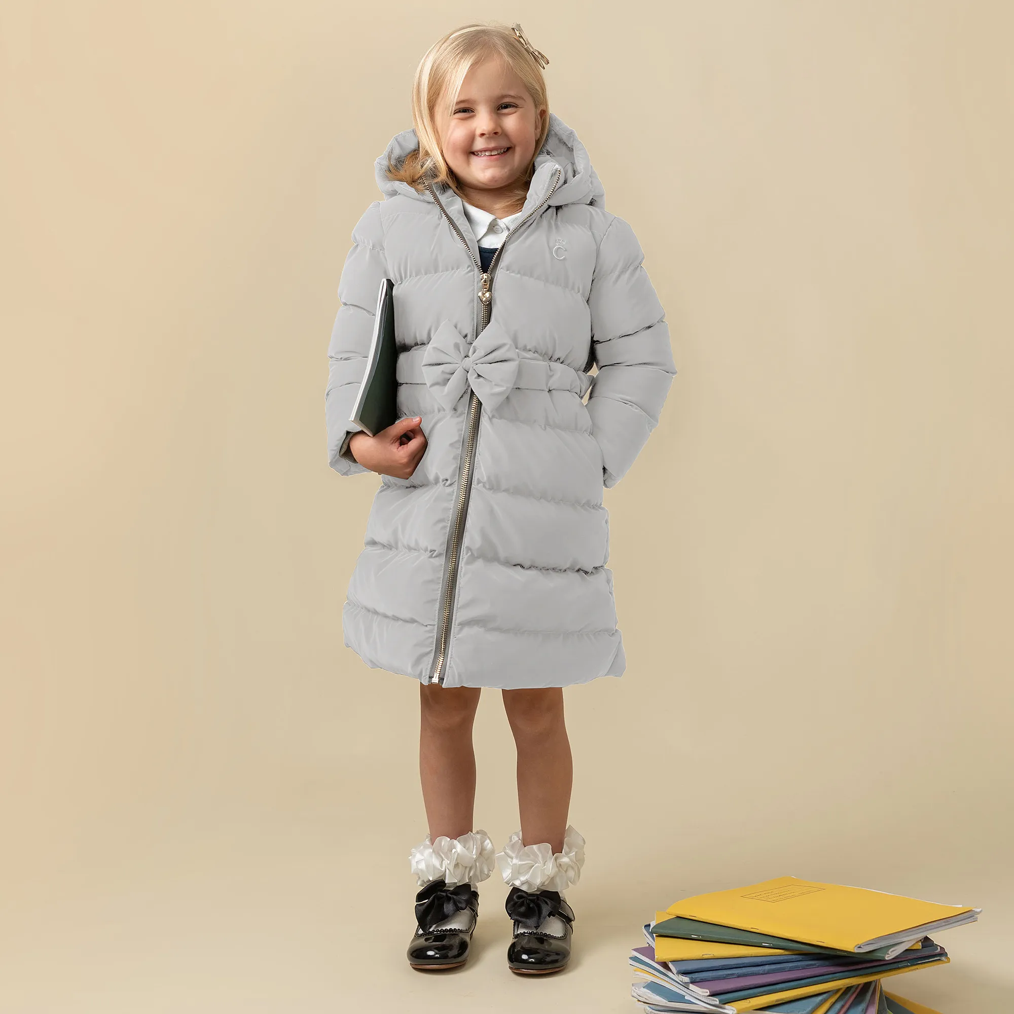 Girls Grey Bow Puffer Coat