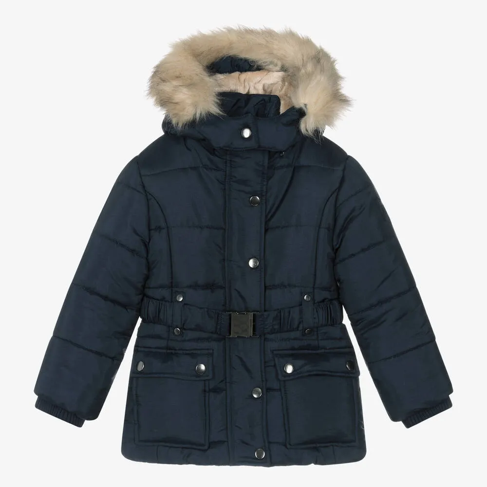 Girls Navy Blue Belted Coat