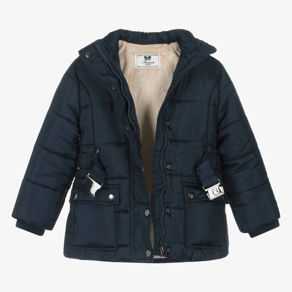 Girls Navy Blue Belted Coat