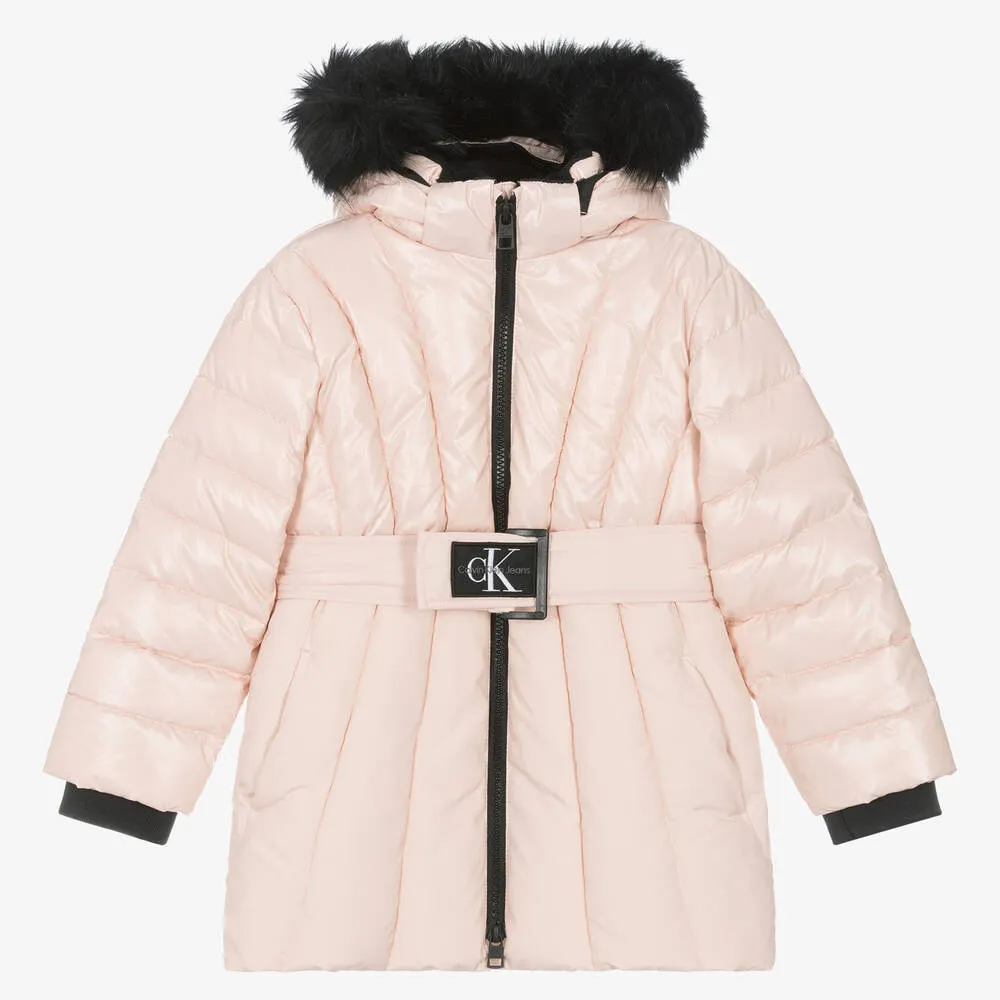 Girls Pink Belted Puffer Coat