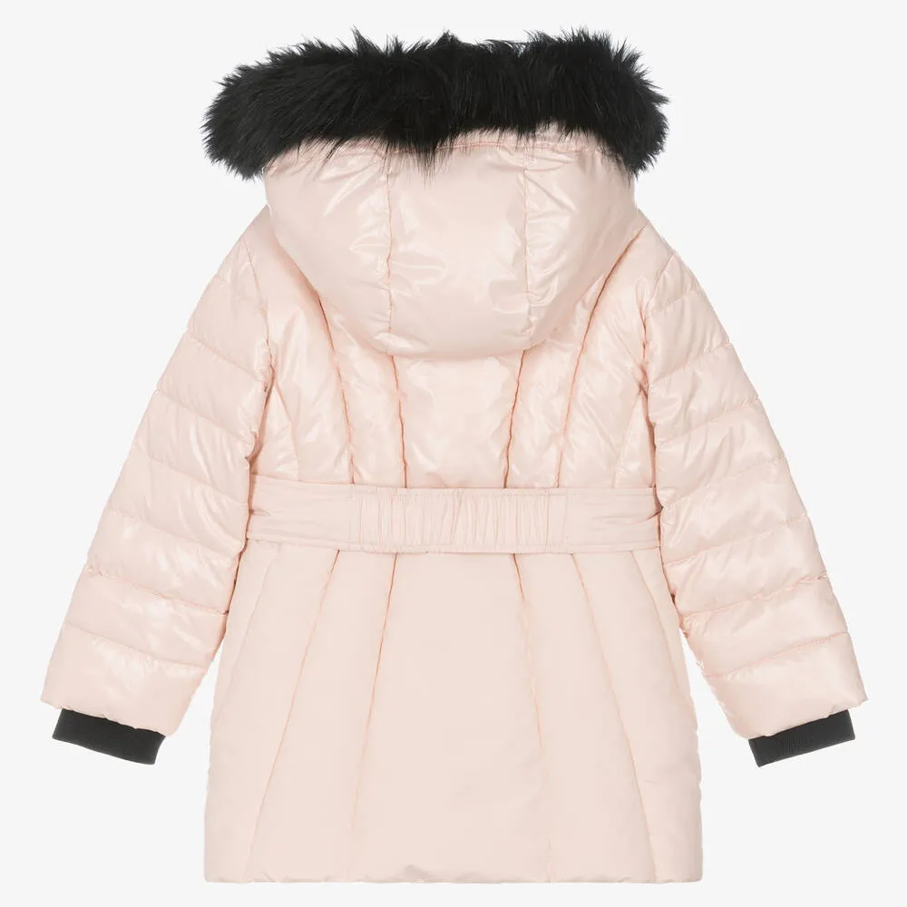 Girls Pink Belted Puffer Coat