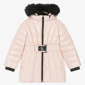 Girls Pink Belted Puffer Coat